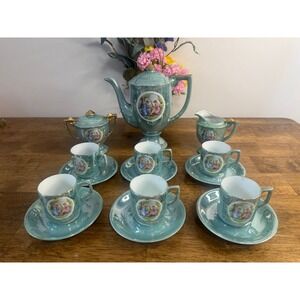 Vintage Japanese Lustreware Tea Set Teapot Creamer Sugar Cups Saucers Aqua Blue‎
